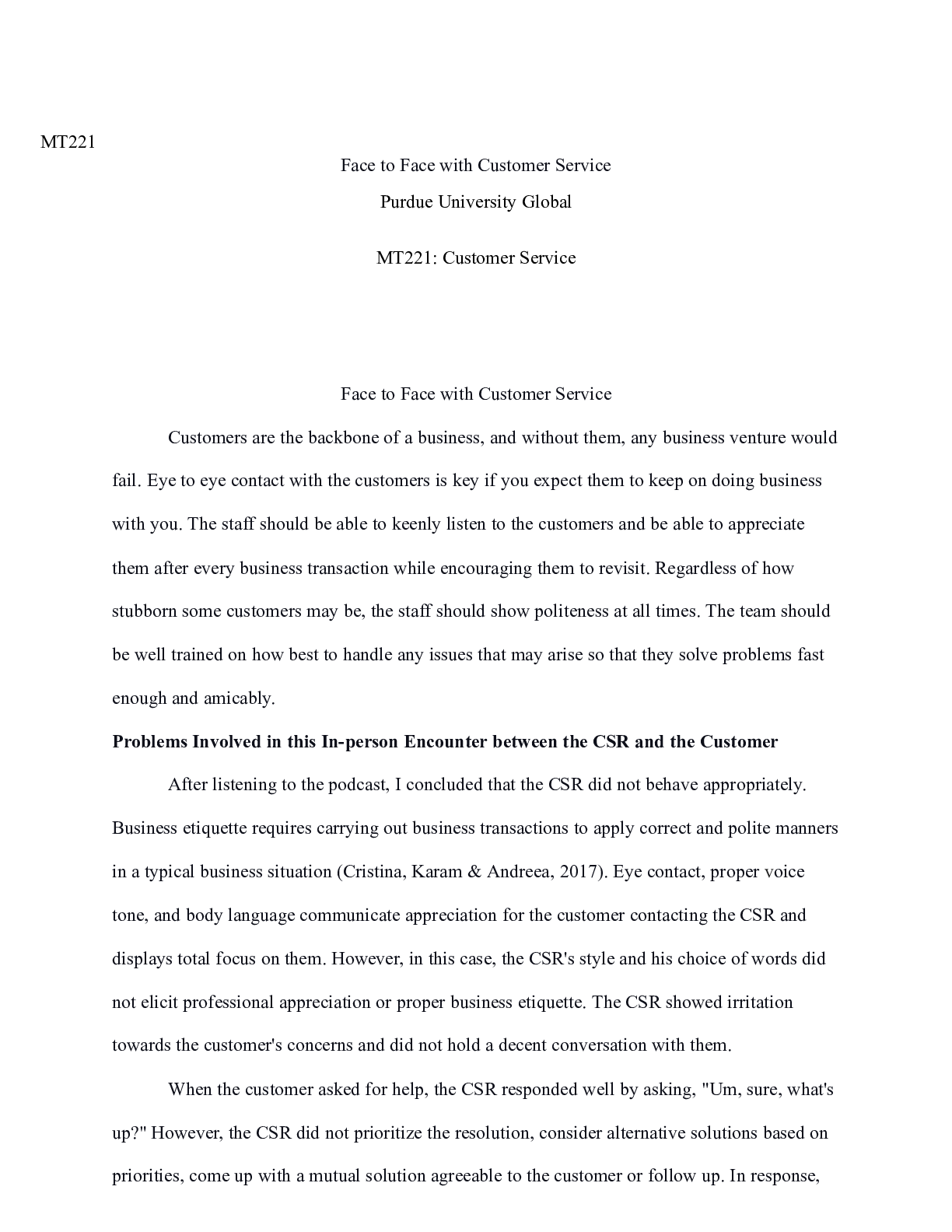 Preview of Assignment Unit05.docx    MT221  Face to Face with Customer Service  Purdue University Glo